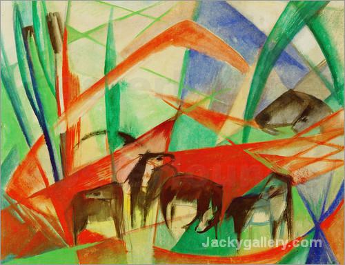 Landscape with black horses by Franz Marc paintings reproduction